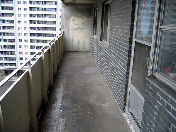 a balcony just after being cleaned from pigeon droppings