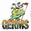 a germ cartoon character standing on the word germ with a flag in victory